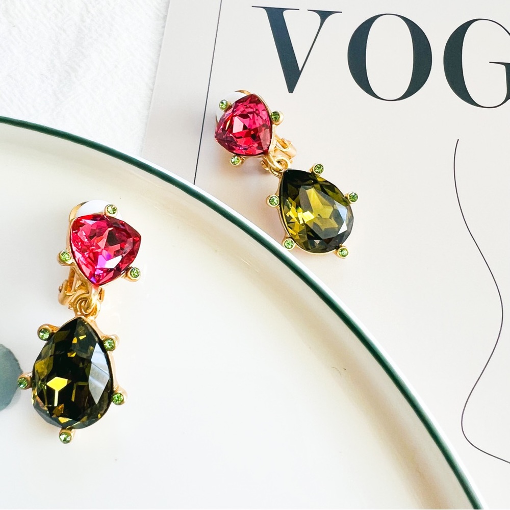 Oscar de la Renta Trillion Crystal Clip-on Earrings Green + Pink